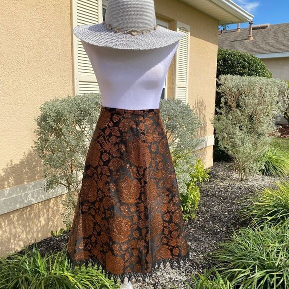NEW ANNI KUAN A-LINE BRONZE & BLACK SEMI METALLIC ACCENT LACED HEM MIDI SKIRT 4 - Picture 8 of 14